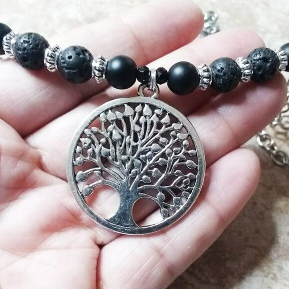 LAST ONE! Beaded "Tree of Life" Medallion - Black + Silver Necklace Choker @ 17" - Picture 5 of 9